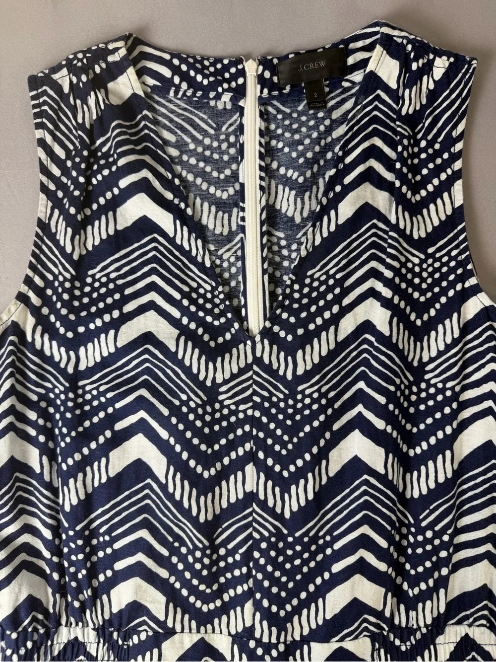 J. Crew Navy & White Chevron Linen and Cotton Jumpsuit Size 2 Elastic Waist NWOT